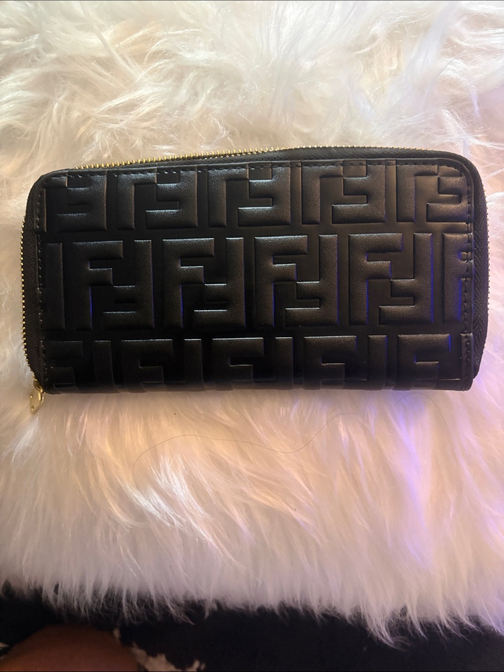 Fendi Black Embossed Zip Wallet with Gold Hardware